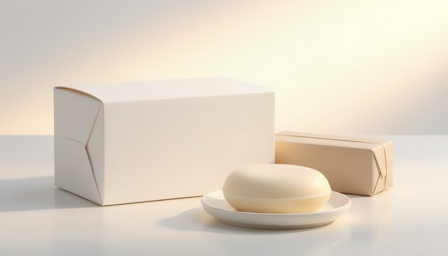 A bar of soap on a plate beside wrapped soap bars and a box on a table indoors