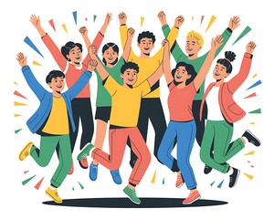 Obraz premium Diverse Group of People Jumping Up in Celebration on White Background with Confetti