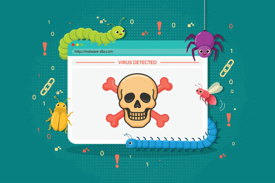 Virus Detected Skull Warning on Computer Screen with Bugs