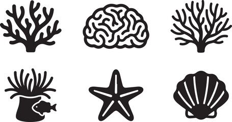 Set of black sea icons featuring coral reef plants brain coral starfish sea anemone with fish and a decorative seashell Vector © Sazid