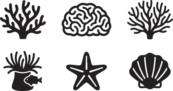Set of black sea icons featuring coral reef plants brain coral starfish sea anemone with fish and a decorative seashell Vector