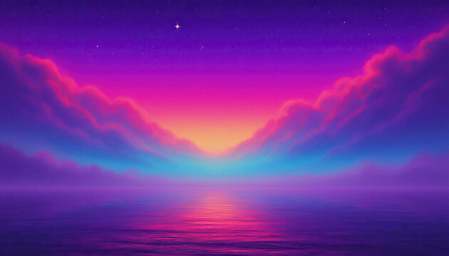 Retro futuristic synthwave style sunset at the beach colorful background with super moon behind it, generated with AI. Suitable for background design, wallpaper, futuristic website, poster, banner.