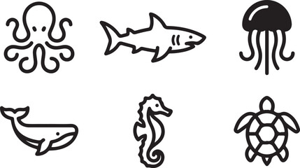 Set of black and white sea animal icons featuring an octopus shark jellyfish whale seahorse and a sea turtle design Vector © Sazid
