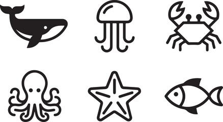 Set of black and white sea animal icons featuring a whale jellyfish crab octopus starfish and fish for ocean design Vector © Sazid