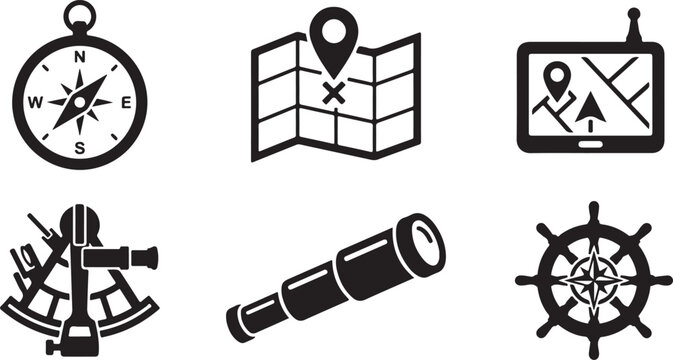 Set of black navigation and travel icons featuring a compass map gps device sextant telescope and ship steering wheel Vector