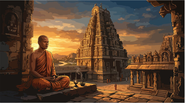 Serene Monk Meditating in Traditional Robes.