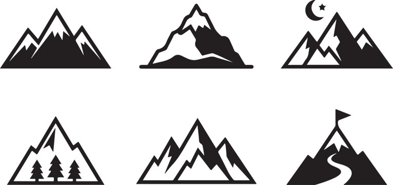 Set of black mountain icons with snowy peaks moon pine trees and flag for outdoor adventure camping and hiking logo design Vector
