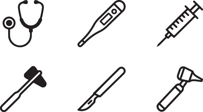 Set of black line icons for medical tools including stethoscope thermometer syringe reflex hammer scalpel and otoscope Vector