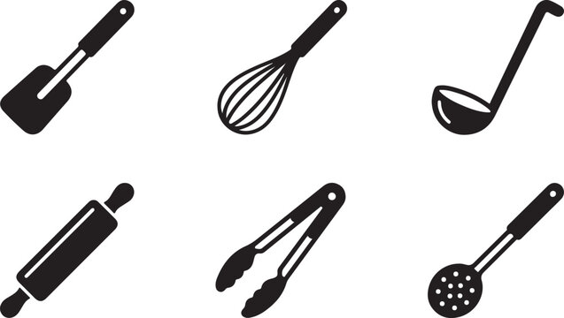 Set of black kitchen utensils icons including whisk spatula rolling pin ladle tongs and skimmer for cooking and baking Vector