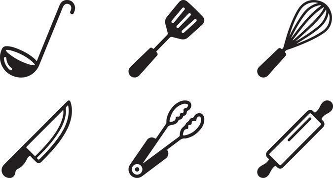 Set of black kitchen utensil icons including ladle spatula whisk knife tongs and rolling pin for cooking and food preparation Vector