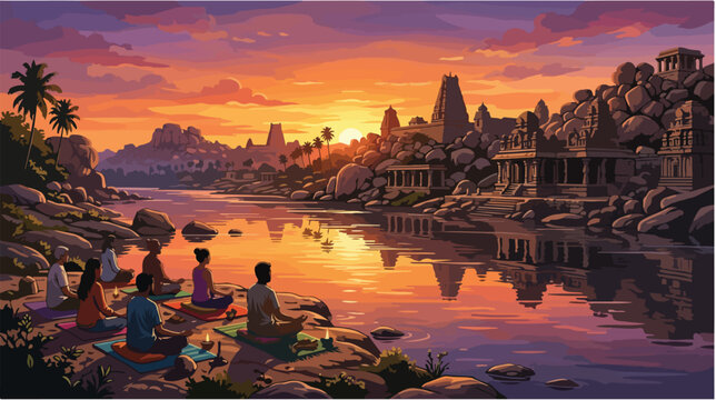 People meditating by a river at sunset in a spiritual setting.
