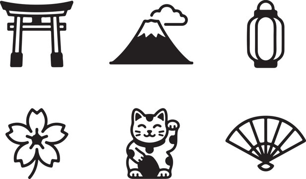 Set of black and white japan icons with torii gate mount fuji cherry blossom and lucky cat for travel and culture design Vector