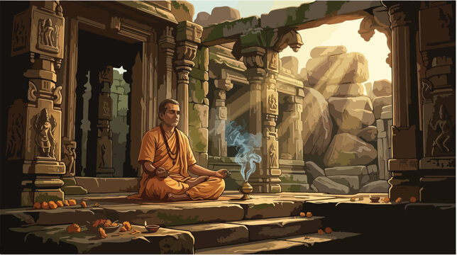 Hindu devotee meditating in traditional attire.