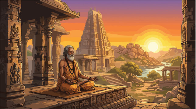 Ancient Sage Meditating in Traditional Indian Attire.