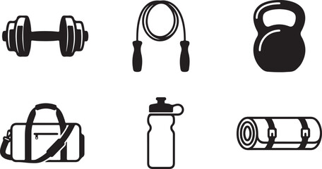 Set of black gym and fitness equipment icons including a dumbbell kettlebell jump rope gym bag water bottle and yoga mat Vector © Sazid