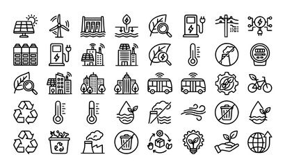Naklejka premium Sustainable energy and environmental conservation line icons collection