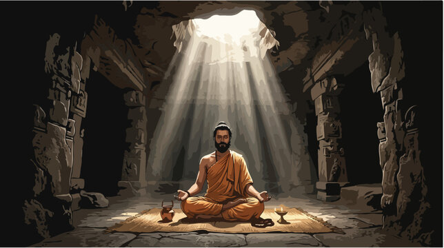Man Meditating in a Cave with Light Rays.
