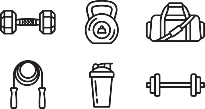 Set of black and white fitness and gym workout icons including dumbbells kettlebell gym bag jump rope and shaker bottle Vector