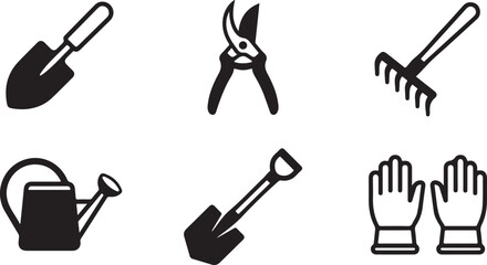 Set of black garden tool icons including shovel shears rake watering can and gloves for yard work and home landscaping Vector © Sazid