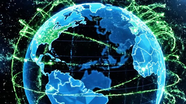 A blue globe with white outlines of countries and green glowing connections on a black background