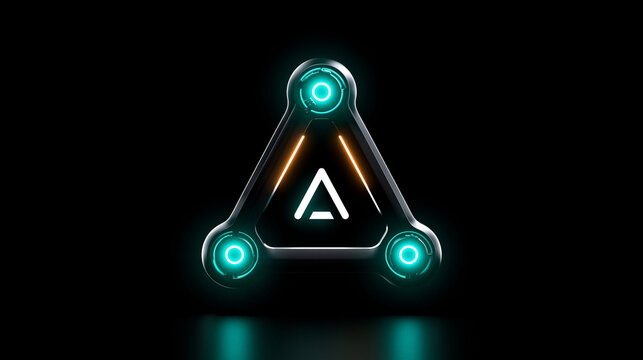 Dreieckiges KI-Neon-Emblem mit t&uuml;rkisfarbenen Leuchtpunkten auf schwarzem Hintergrund