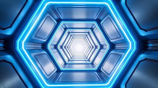 Futuristic hexagonal corridor with neon lights