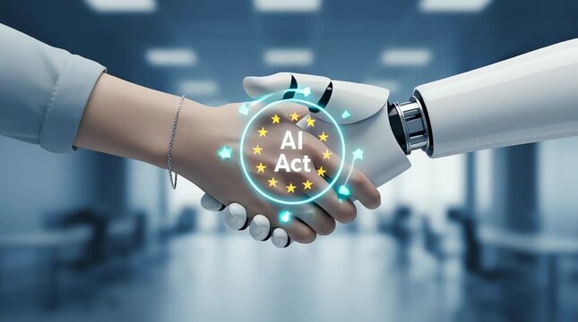 A human and robotic hand shake with a glowing blue AI Act logo between them in a modern office.
