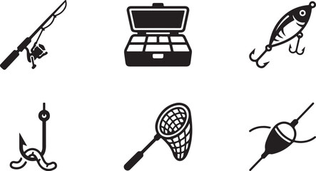 Set of black fishing icons featuring a rod reel tackle box bait hook landing net and bobber for sport and outdoor hobby Vector © Sazid