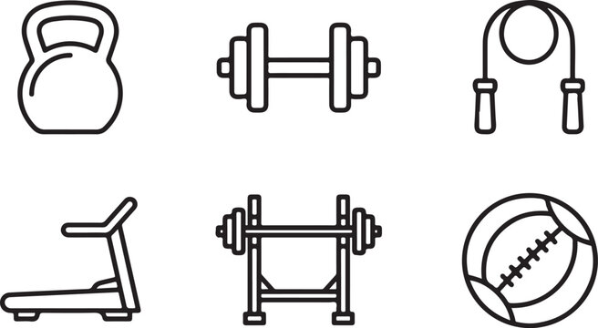 Set of black and white fitness equipment line icons featuring kettlebell dumbbell jump rope treadmill barbell and medicine ball Vector