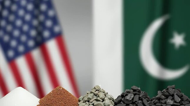 Variety of spices displayed before blurred US and Pakistan flags in background for cultural Video Animation