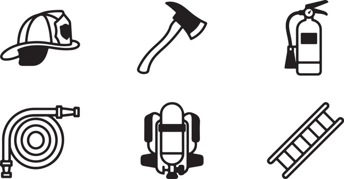 Set of black and white firefighter equipment icons including helmet axe extinguisher hose oxygen tank and rescue ladder Vector
