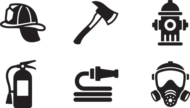 Set of black firefighter equipment icons including helmet axe hydrant extinguisher hose and gas mask for emergency service Vector