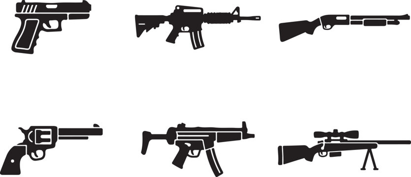Set of black icons representing various types of firearms including handguns rifles shotguns and automatic military weapons Vector