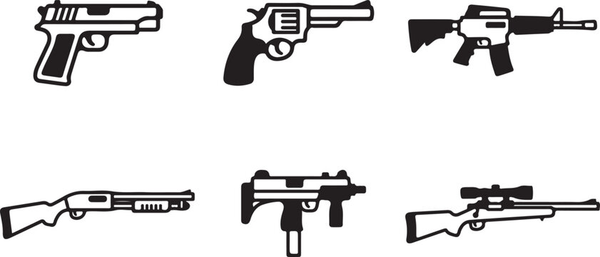 Set of black silhouette icons of different types of firearms including pistols rifles shotguns and automatic weapons Vector