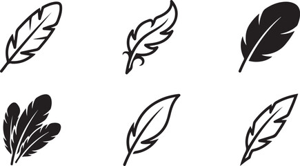 Set of black feather icons and line art symbols for creative design projects and decorative bird plume illustrations Vector © Sazid