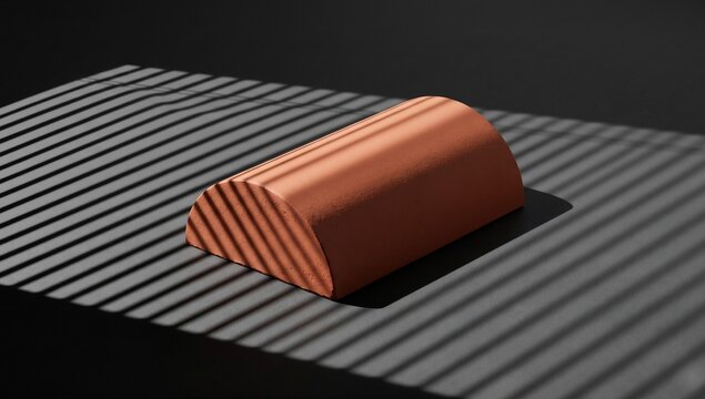 Minimalist 3D terracotta half cylinder with sharp linear window blind shadow on charcoal background misso art