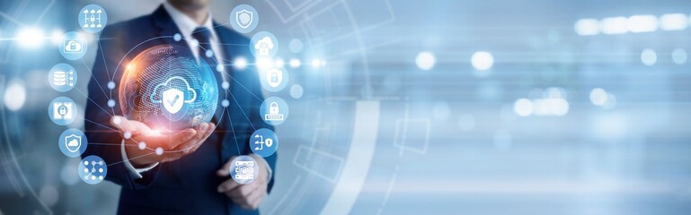 Obraz premium IT professional hand-holds resilient global CLOUD SECURITY defense network, safeguarding hosted data and servers. Advanced encryption protects sensitive assets against cyber threats daily.