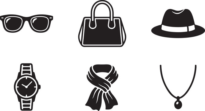 Set of fashion accessories icons including sunglasses handbag hat watch scarf and necklace in a simple black vector style Vector