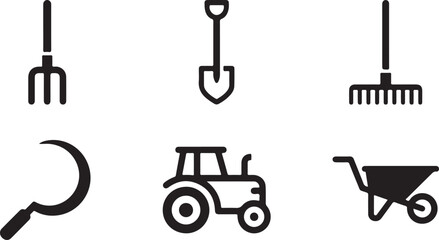 Set of black farming icons including shovel rake tractor wheelbarrow pitchfork and sickle for agriculture and gardening Vector © Sazid