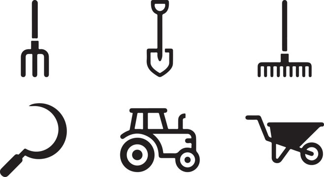 Set of black farming icons including shovel rake tractor wheelbarrow pitchfork and sickle for agriculture and gardening Vector