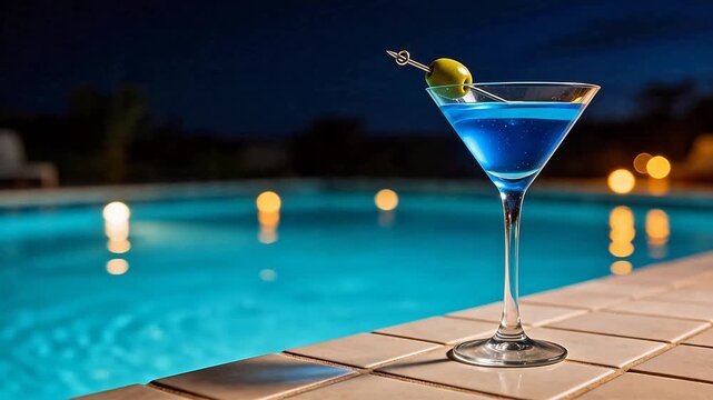 Blue cocktail by pool at night