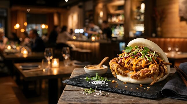 Soft shell crab bao bun served on stone slate in a dimly lit restaurant