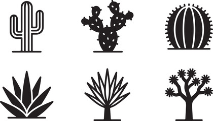 Set of black cactus and succulent plant icons featuring different desert vegetation types in a simple flat graphic style Vector © Sazid
