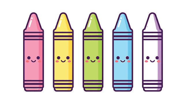 Five colorful wax crayons featuring cute smiling faces designed in a bright flat vector art style