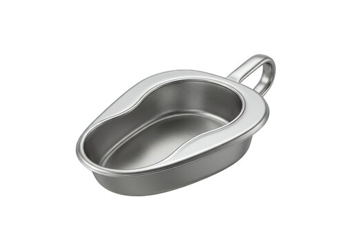 Stainless steel medical bedpan with handle, professional hospital grade urinal for patient care, metallic surgical equipment for nursing isolated on Transparent Background