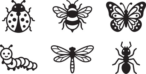 Set of black and white icons featuring cute insects including ladybug bee butterfly caterpillar dragonfly and an ant Vector © Sazid