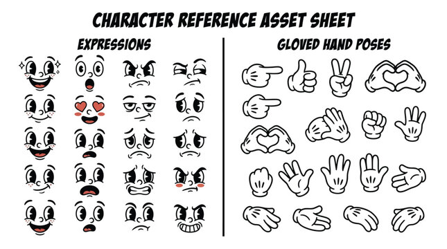 Vintage cartoon character reference sheet displaying diverse facial expressions and various iconic white gloved hands