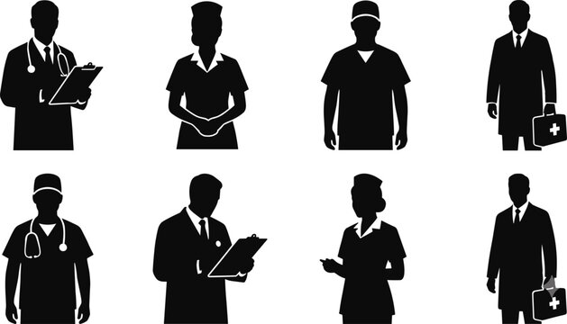 Set of medical staff silhouettes featuring doctors nurses and surgeons with stethoscopes and clipboards