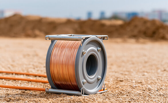 Industrial copper wire spool container placed on sandy ground terrain