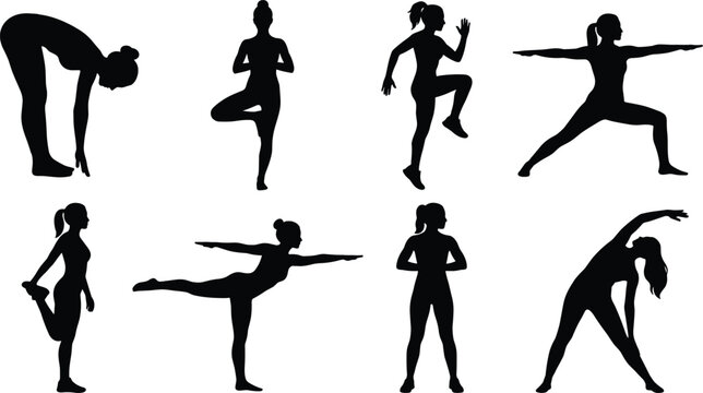 Women Yoga and Fitness Silhouette Set with Stretching Exercise Poses